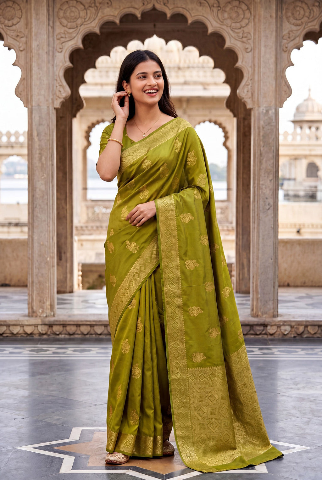 Elora Light Green Soft Banarasi Silk Woven Designer Saree | Grocsy