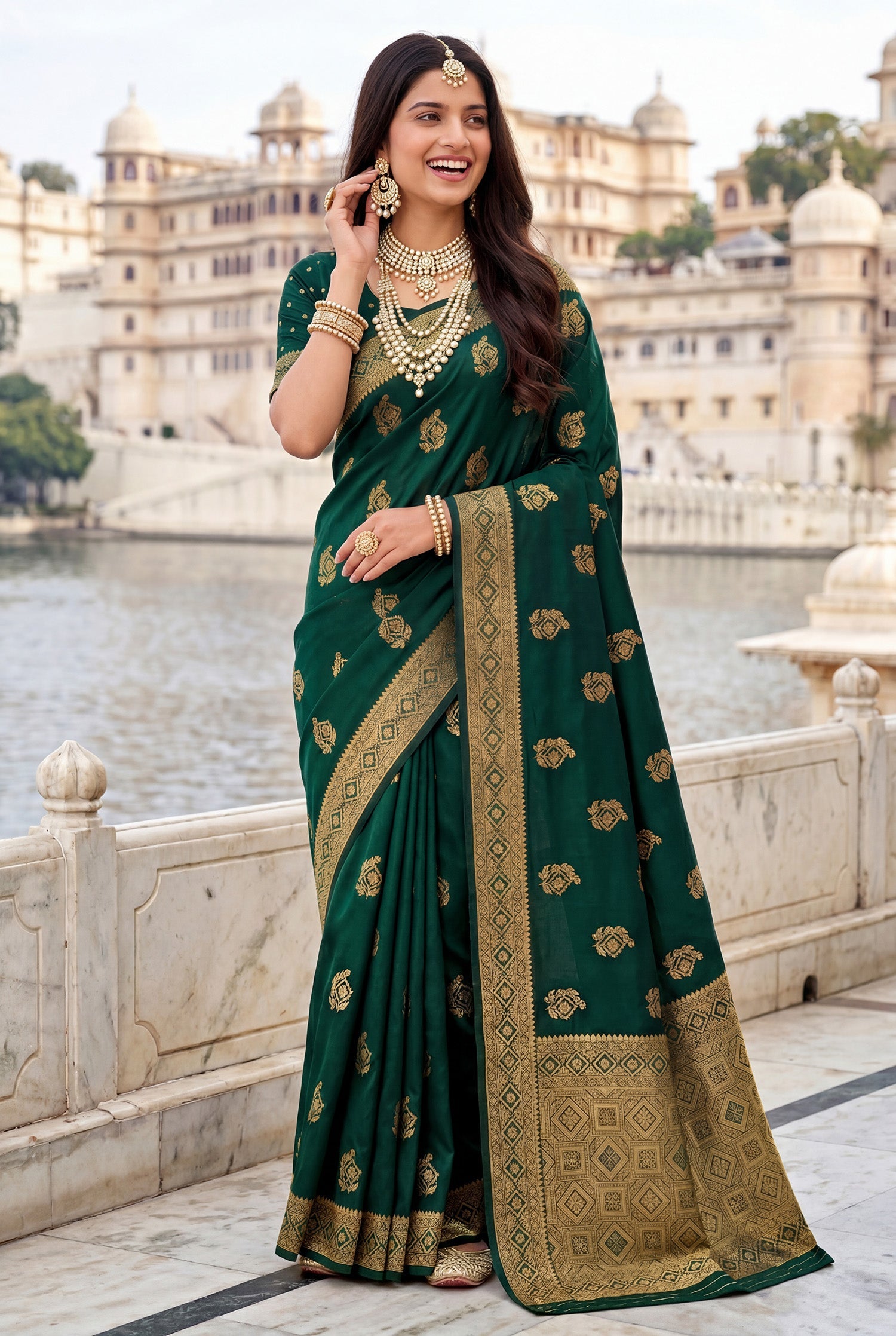 Elora Dark Green Soft Banarasi Silk Woven Designer Saree | Grocsy