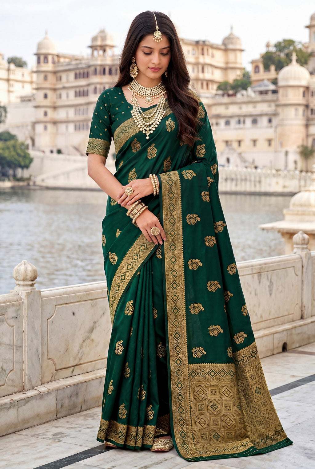 Elora Dark Green Soft Banarasi Silk Woven Designer Saree | Grocsy