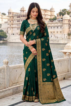Elora Dark Green Soft Banarasi Silk Woven Designer Saree | Grocsy