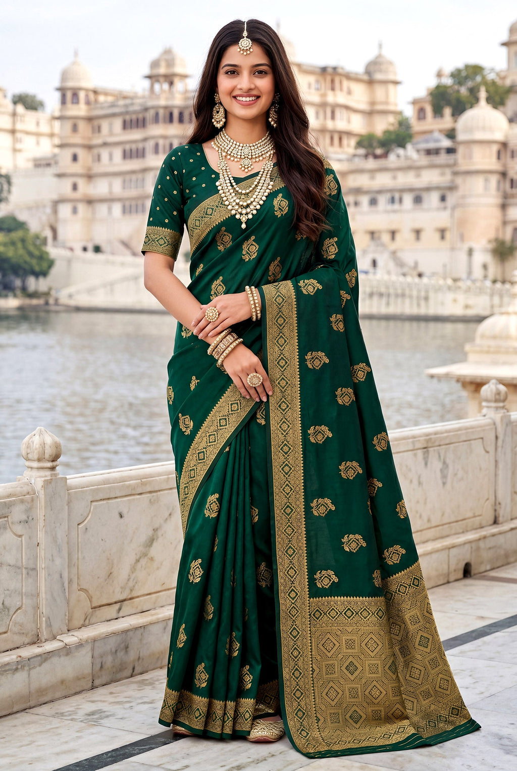 Elora Dark Green Soft Banarasi Silk Woven Designer Saree | Grocsy