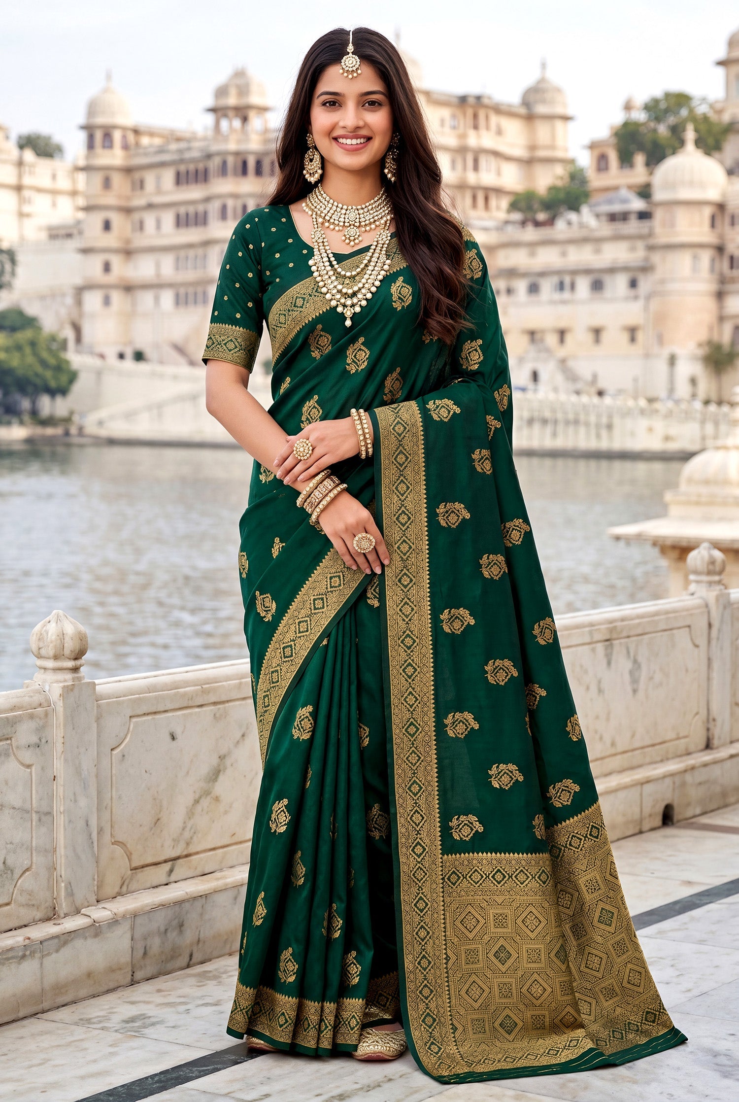 Elora Dark Green Soft Banarasi Silk Woven Designer Saree | Grocsy