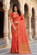 Elora Peach Soft Banarasi Silk Woven Designer Saree | Grocsy