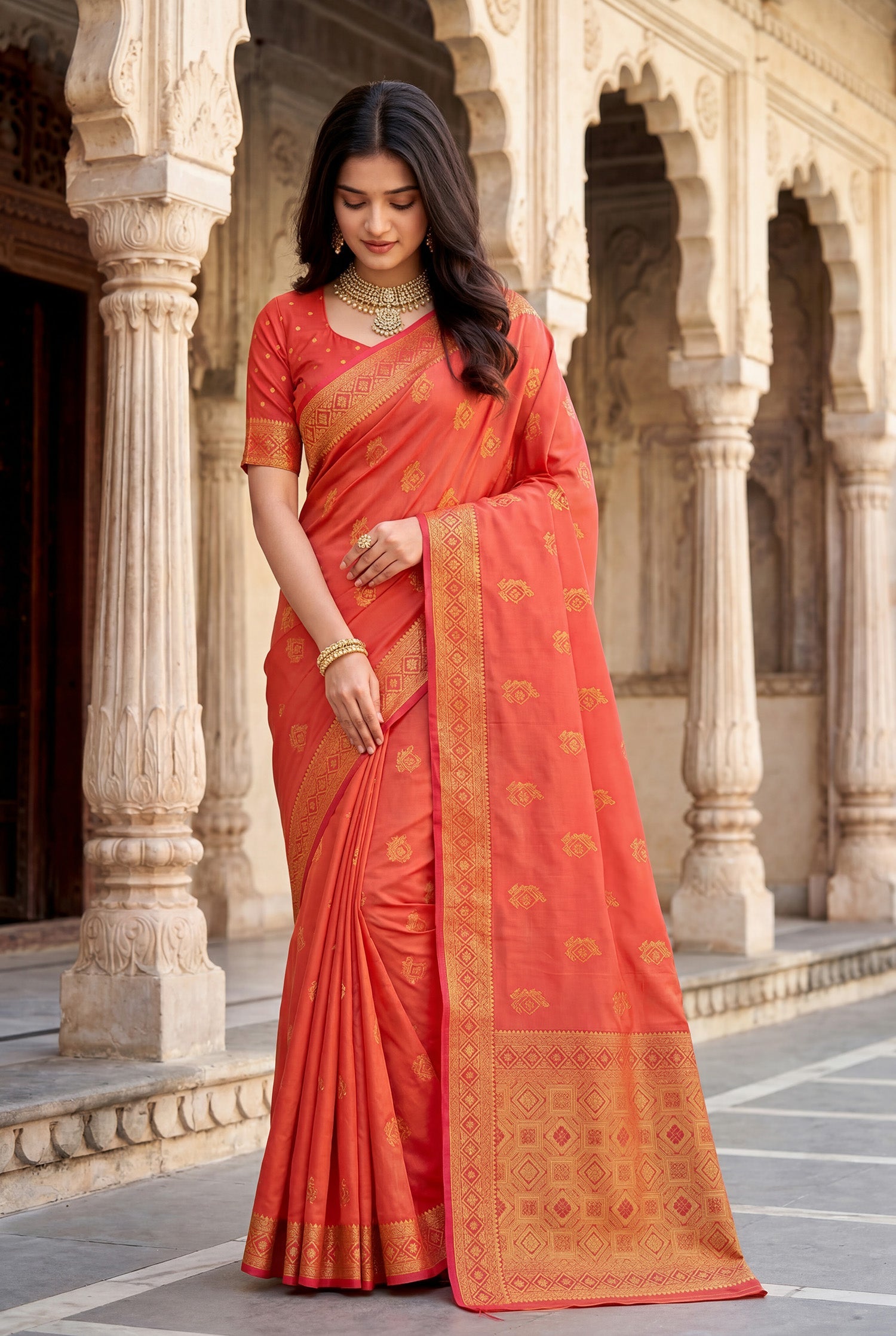 Elora Peach Soft Banarasi Silk Woven Designer Saree | Grocsy