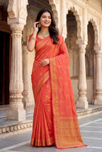 Elora Peach Soft Banarasi Silk Woven Designer Saree | Grocsy
