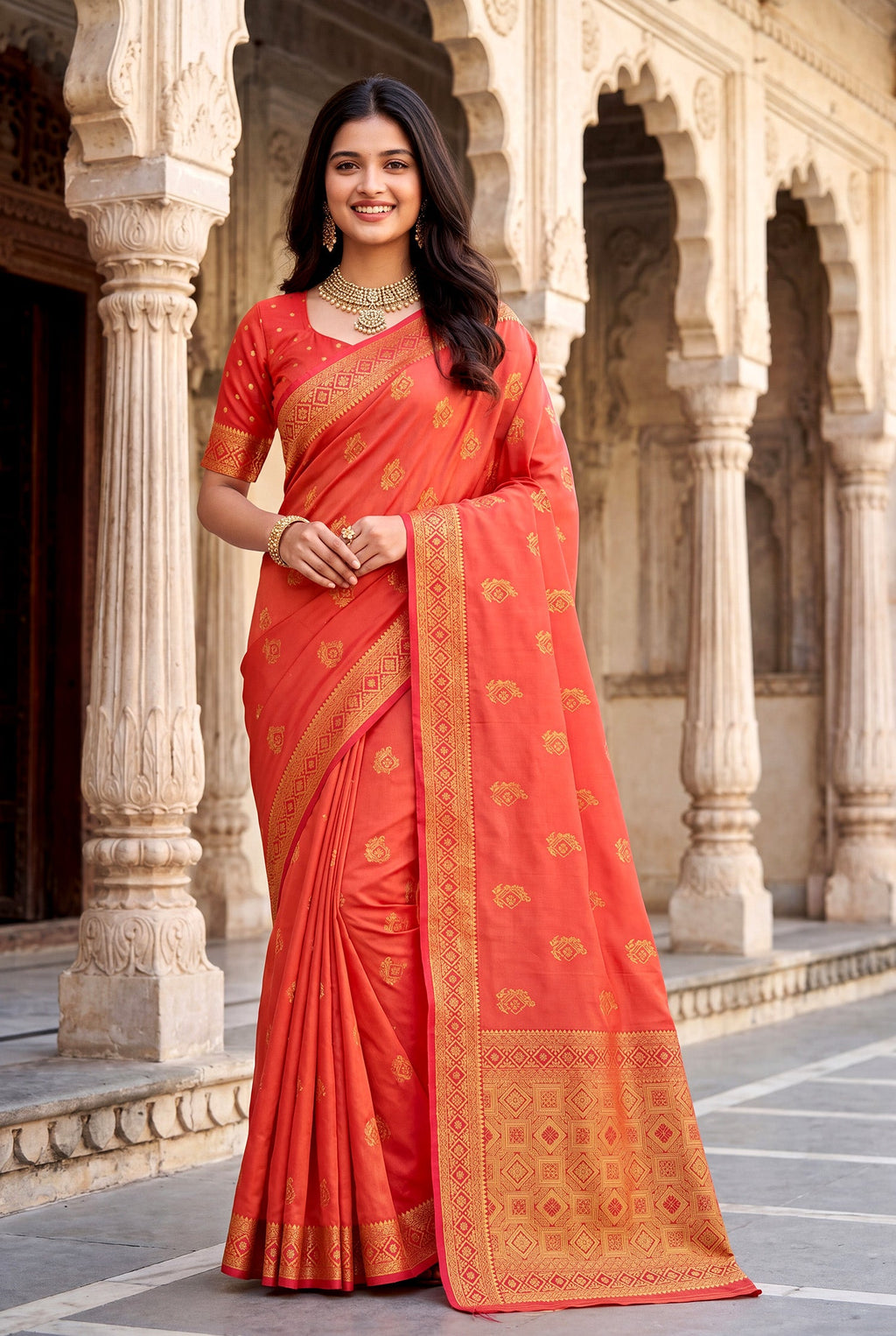 Elora Peach Soft Banarasi Silk Woven Designer Saree | Grocsy
