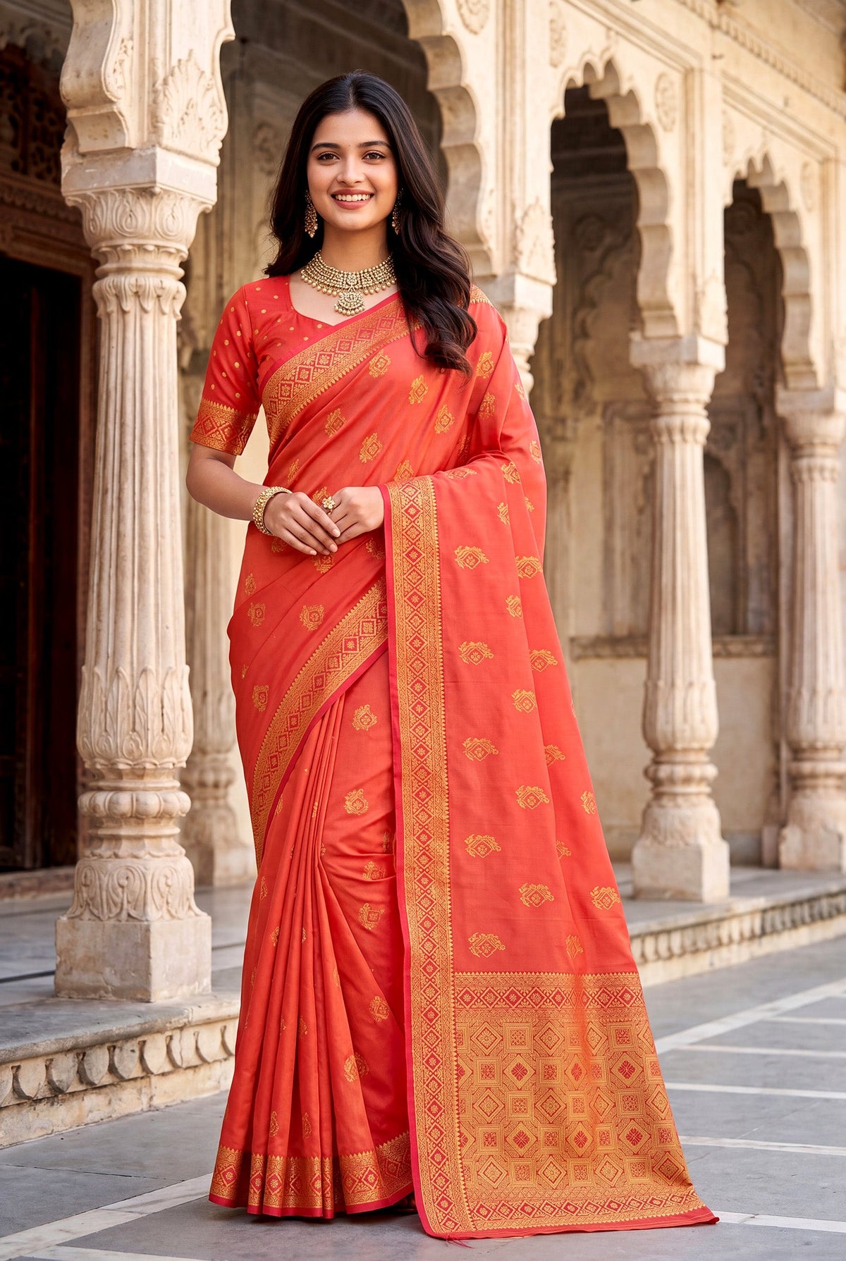 Elora Peach Soft Banarasi Silk Woven Designer Saree | Grocsy