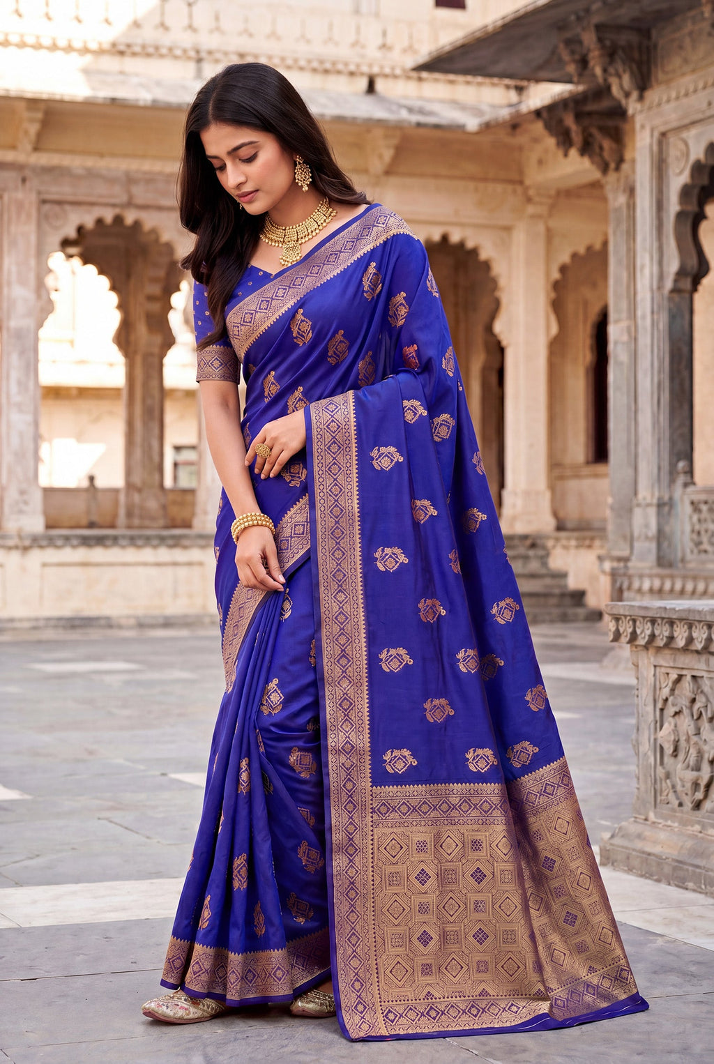 Elora Royal Blue Soft Banarasi Silk Woven Designer Saree | Grocsy