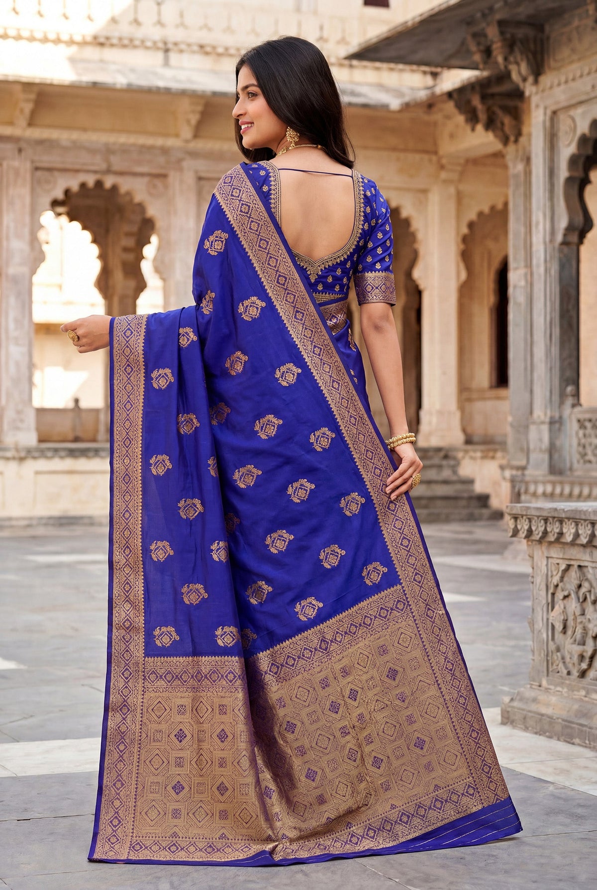 Elora Royal Blue Soft Banarasi Silk Woven Designer Saree | Grocsy
