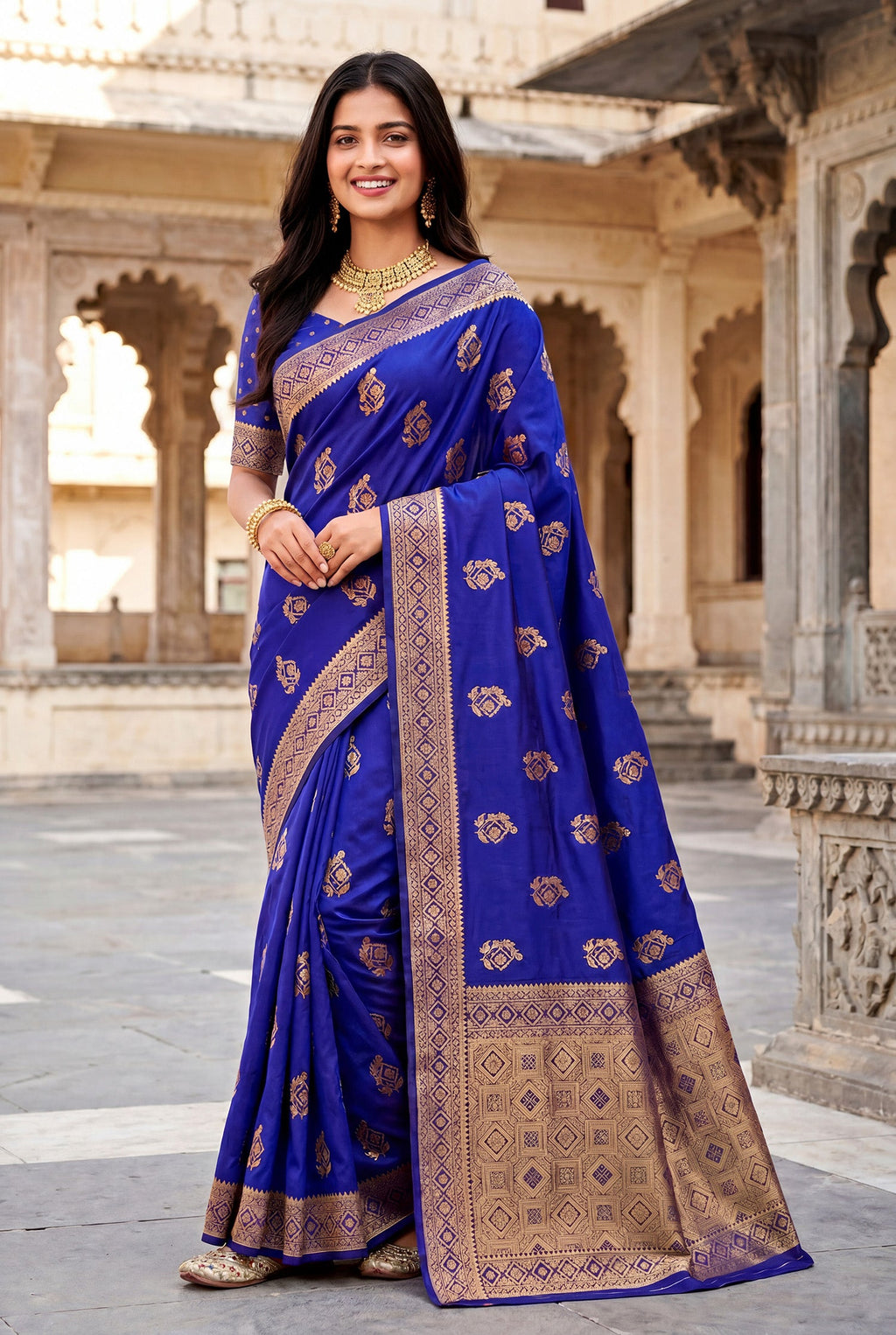 Elora Royal Blue Soft Banarasi Silk Woven Designer Saree | Grocsy