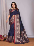Elora Navy Blue Soft Silk Plain Banarasi With Peacock Zari Jacquard Weaving Border Saree | Grocsy