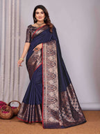 Elora Navy Blue Soft Silk Plain Banarasi With Peacock Zari Jacquard Weaving Border Saree | Grocsy