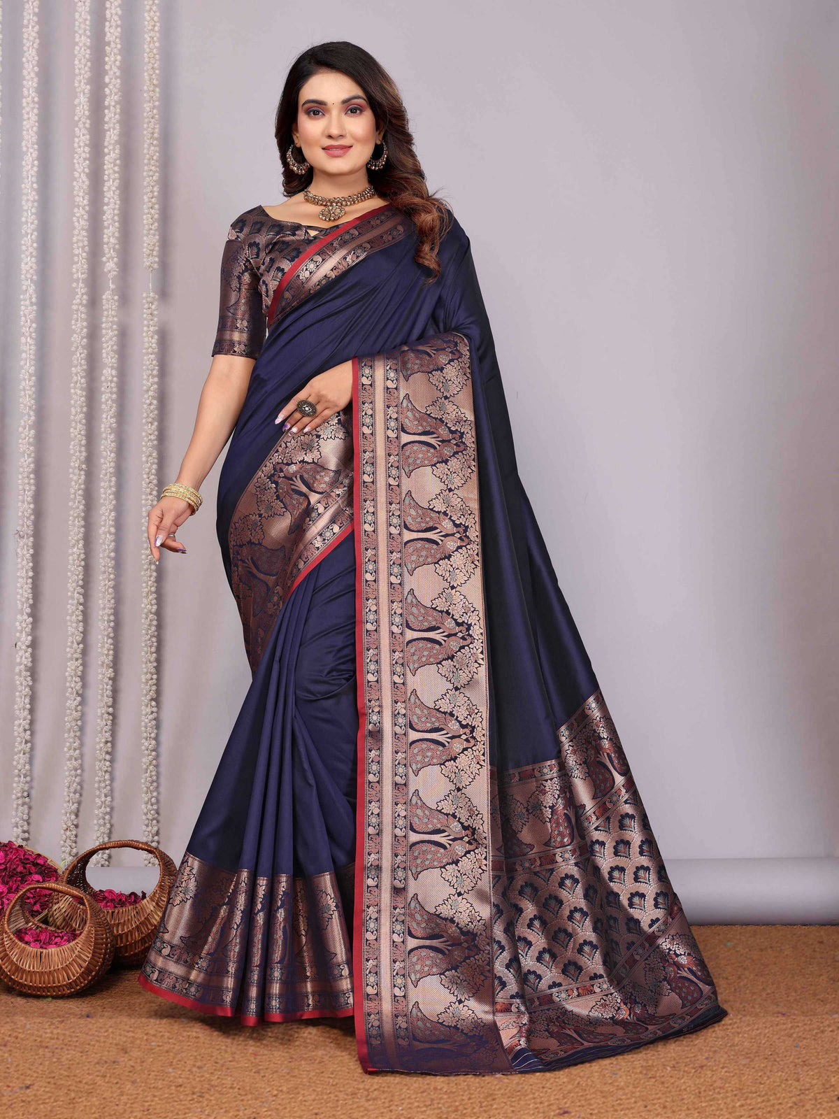 Elora Navy Blue Soft Silk Plain Banarasi With Peacock Zari Jacquard Weaving Border Saree | Grocsy