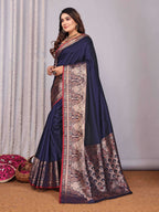 Elora Navy Blue Soft Silk Plain Banarasi With Peacock Zari Jacquard Weaving Border Saree | Grocsy