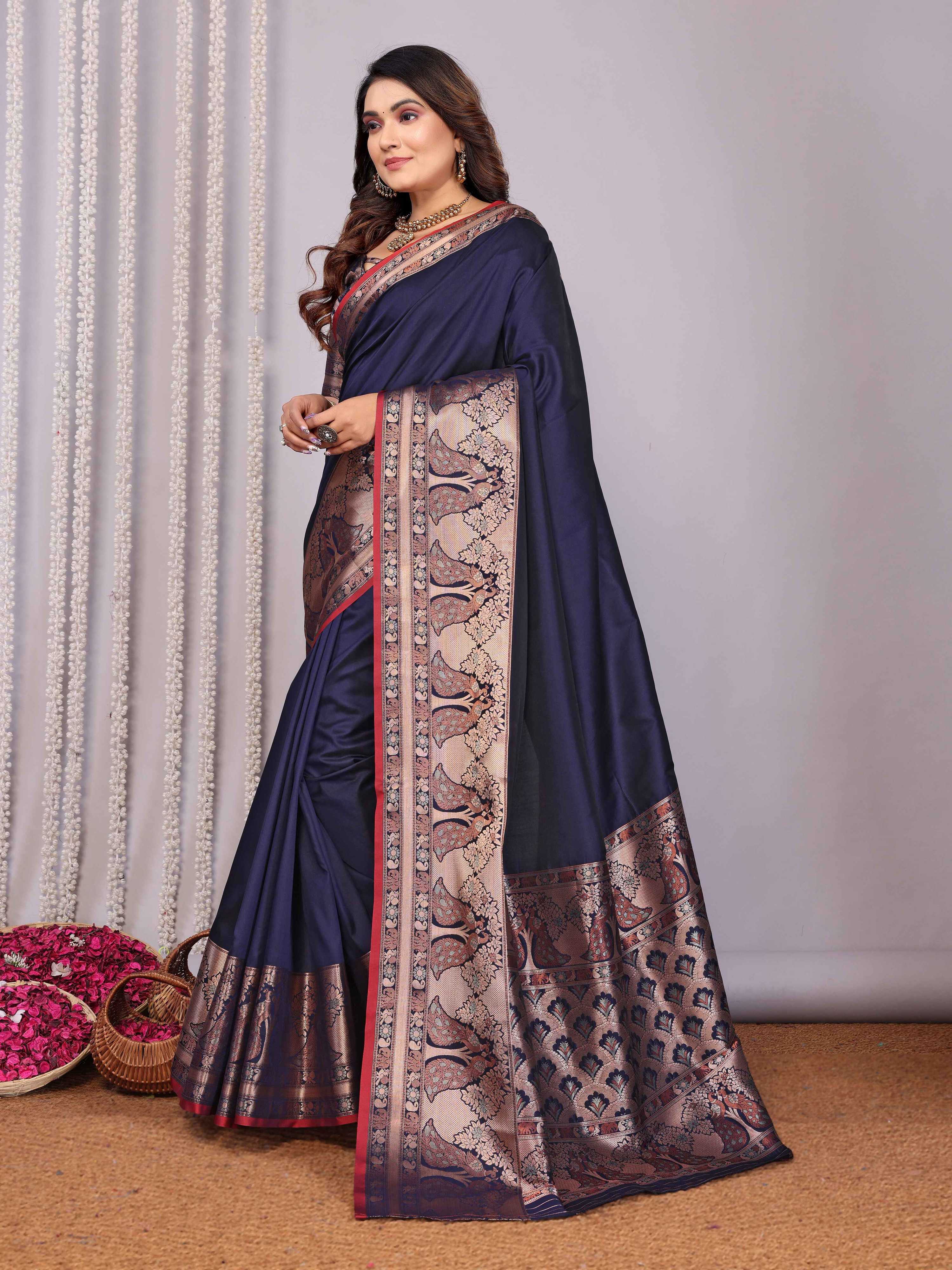 Elora Navy Blue Soft Silk Plain Banarasi With Peacock Zari Jacquard Weaving Border Saree | Grocsy
