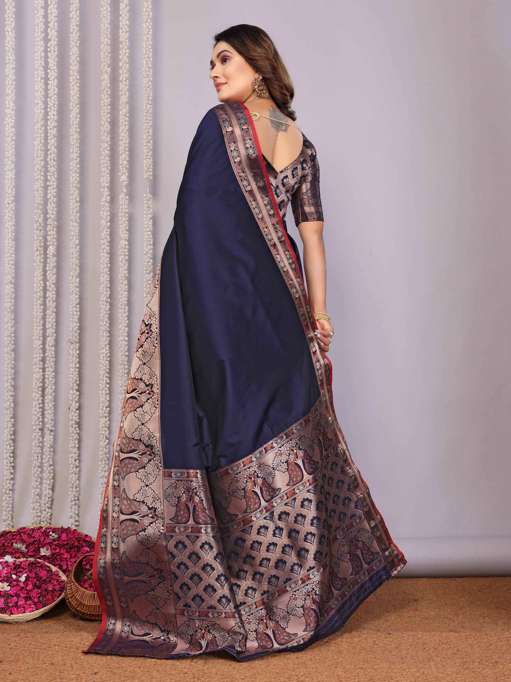 Elora Navy Blue Soft Silk Plain Banarasi With Peacock Zari Jacquard Weaving Border Saree | Grocsy