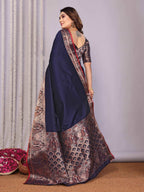 Elora Navy Blue Soft Silk Plain Banarasi With Peacock Zari Jacquard Weaving Border Saree | Grocsy