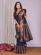 Elora Navy Blue Soft Silk Plain Banarasi With Peacock Zari Jacquard Weaving Border Saree | Grocsy