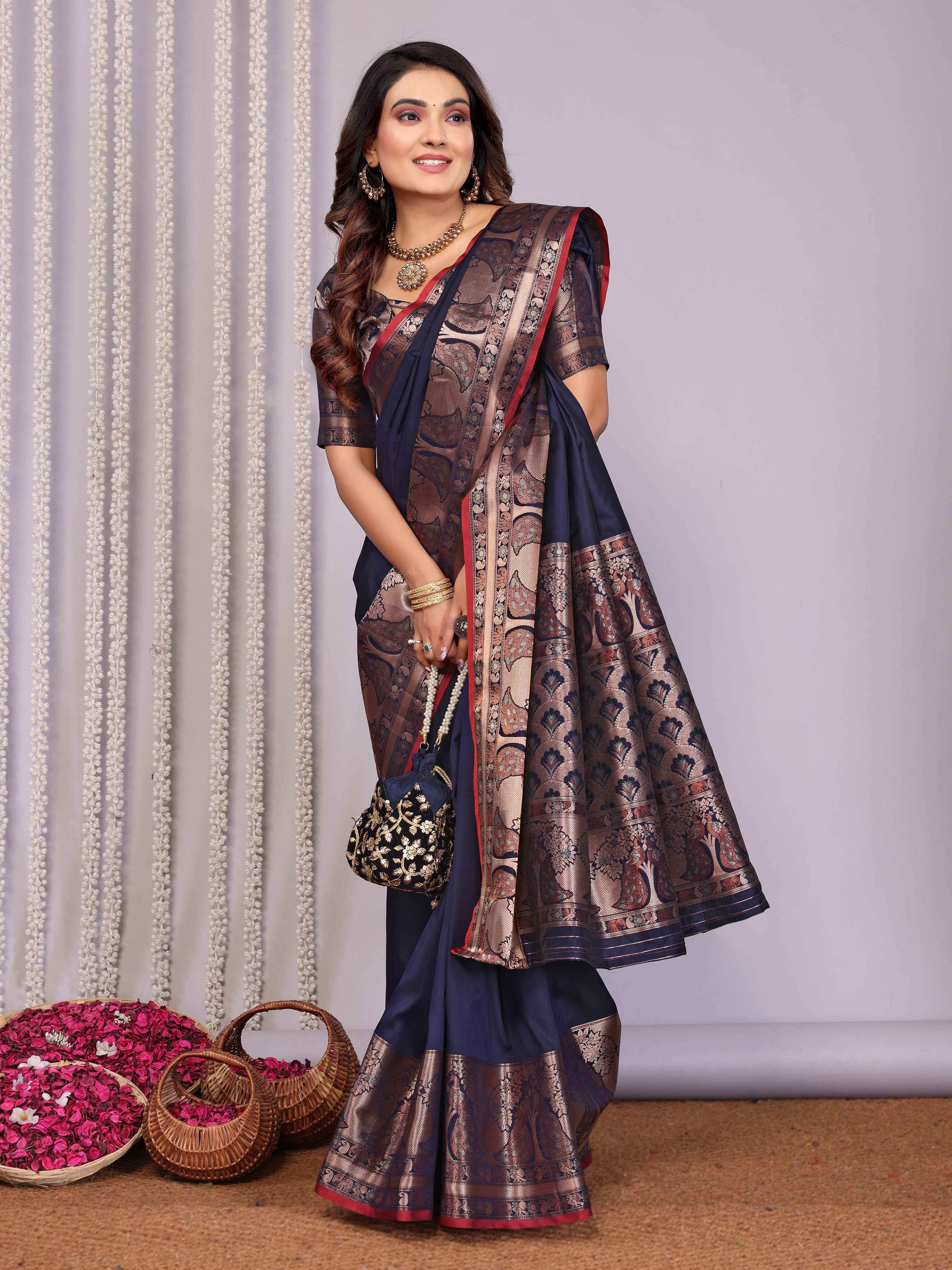 Elora Navy Blue Soft Silk Plain Banarasi With Peacock Zari Jacquard Weaving Border Saree | Grocsy