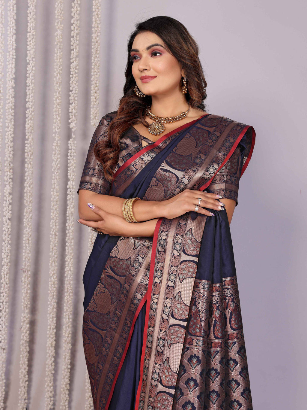 Elora Navy Blue Soft Silk Plain Banarasi With Peacock Zari Jacquard Weaving Border Saree | Grocsy