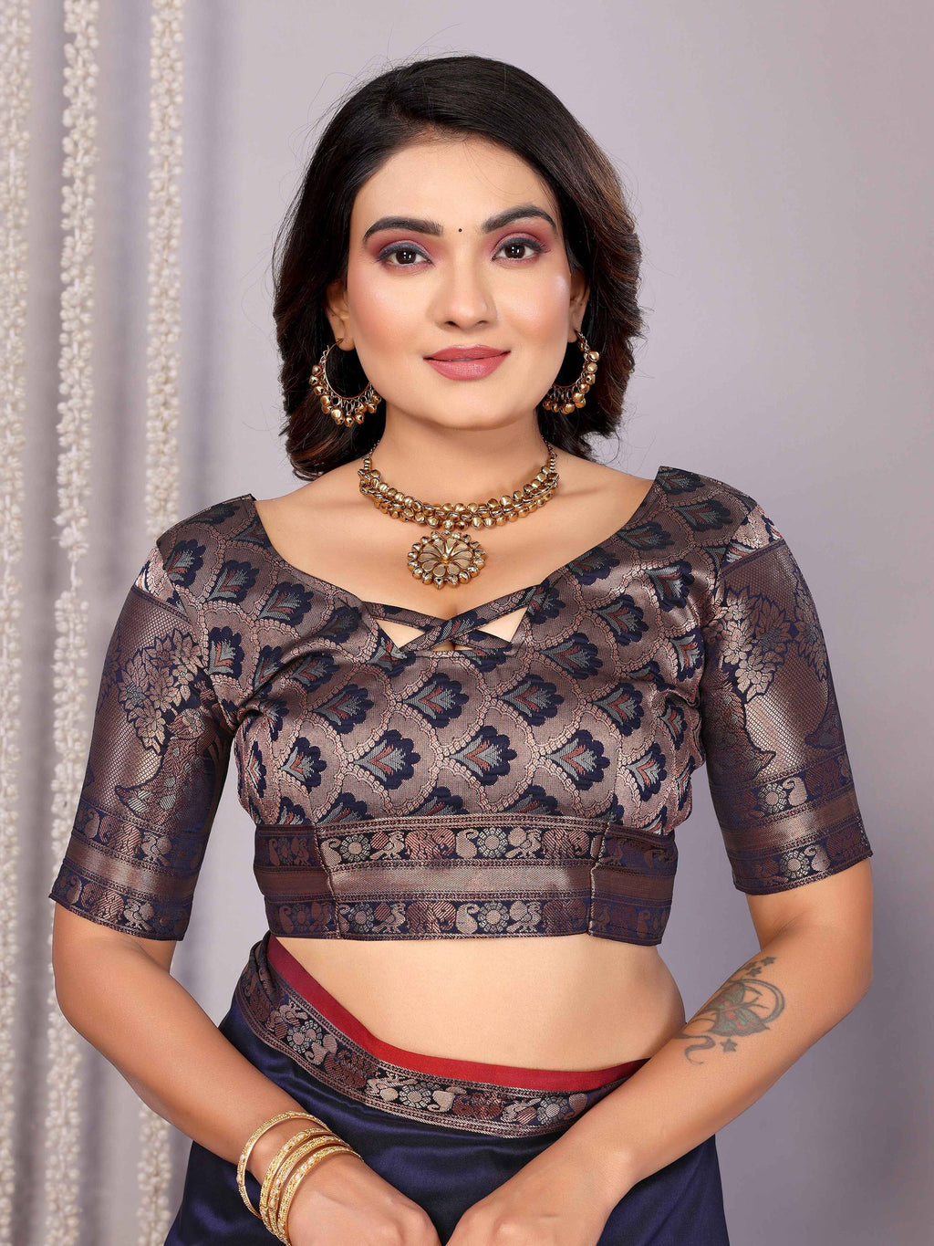 Elora Navy Blue Soft Silk Plain Banarasi With Peacock Zari Jacquard Weaving Border Saree | Grocsy