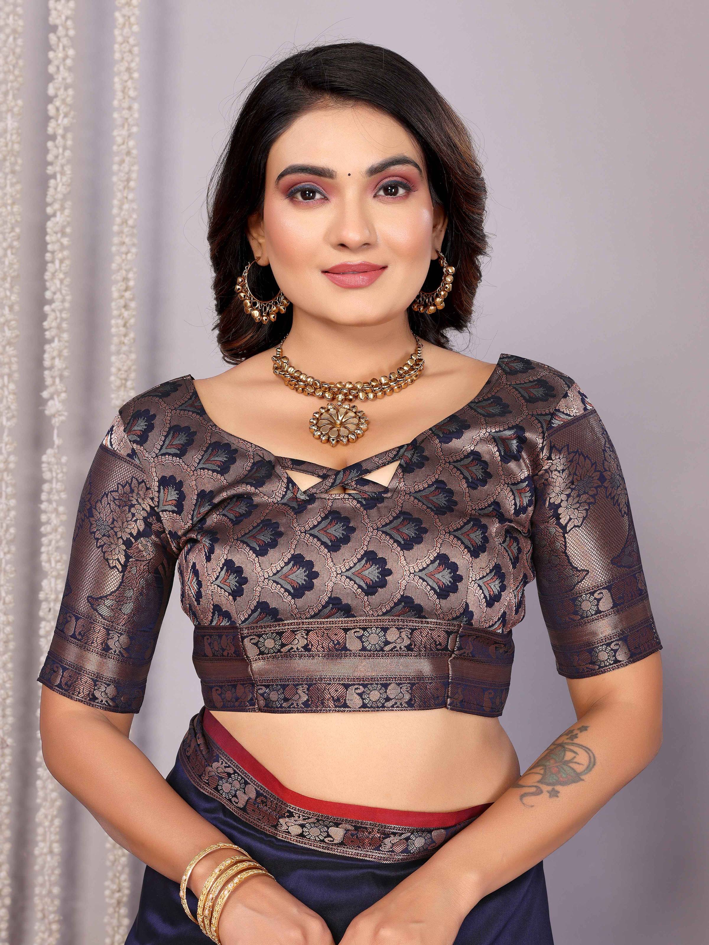 Elora Navy Blue Soft Silk Plain Banarasi With Peacock Zari Jacquard Weaving Border Saree | Grocsy