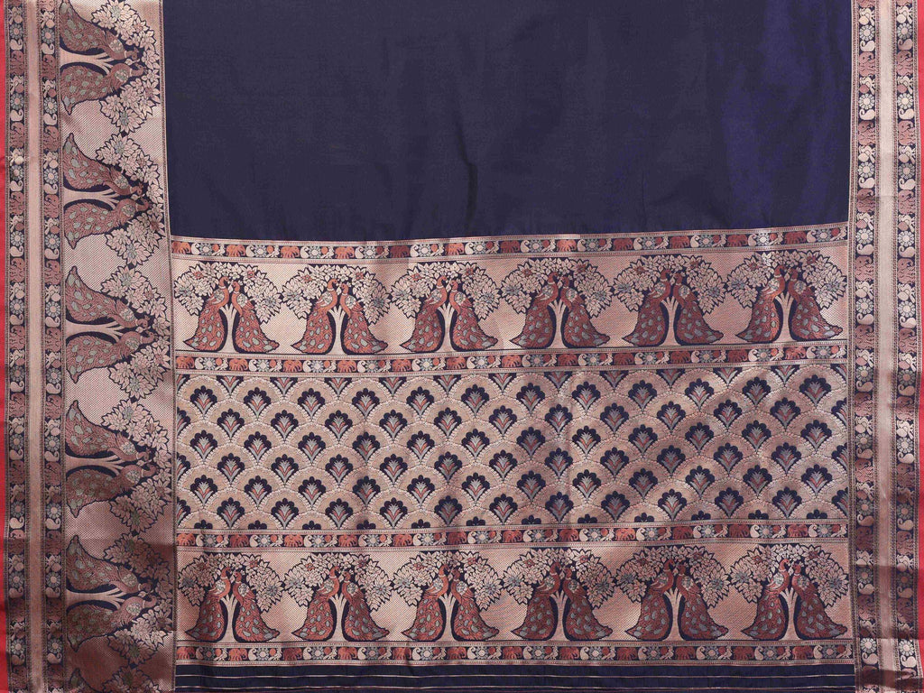 Elora Navy Blue Soft Silk Plain Banarasi With Peacock Zari Jacquard Weaving Border Saree | Grocsy