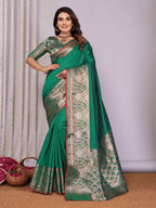 Elora Green Soft Silk Plain Banarasi With Peacock Zari Jacquard Weaving Border Saree | Grocsy