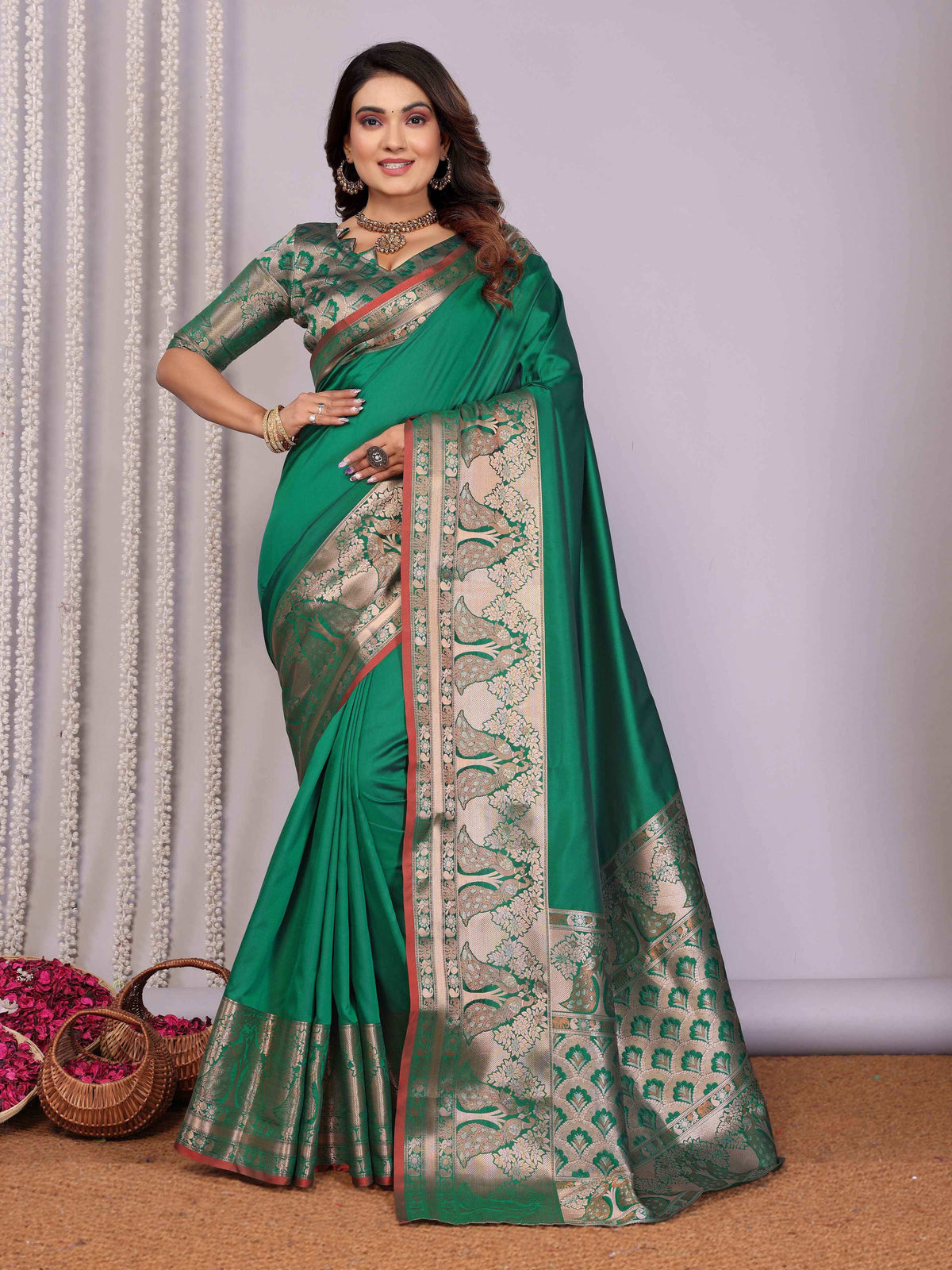 Elora Green Soft Silk Plain Banarasi With Peacock Zari Jacquard Weaving Border Saree | Grocsy