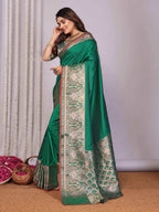 Elora Green Soft Silk Plain Banarasi With Peacock Zari Jacquard Weaving Border Saree | Grocsy