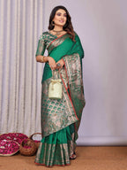 Elora Green Soft Silk Plain Banarasi With Peacock Zari Jacquard Weaving Border Saree | Grocsy