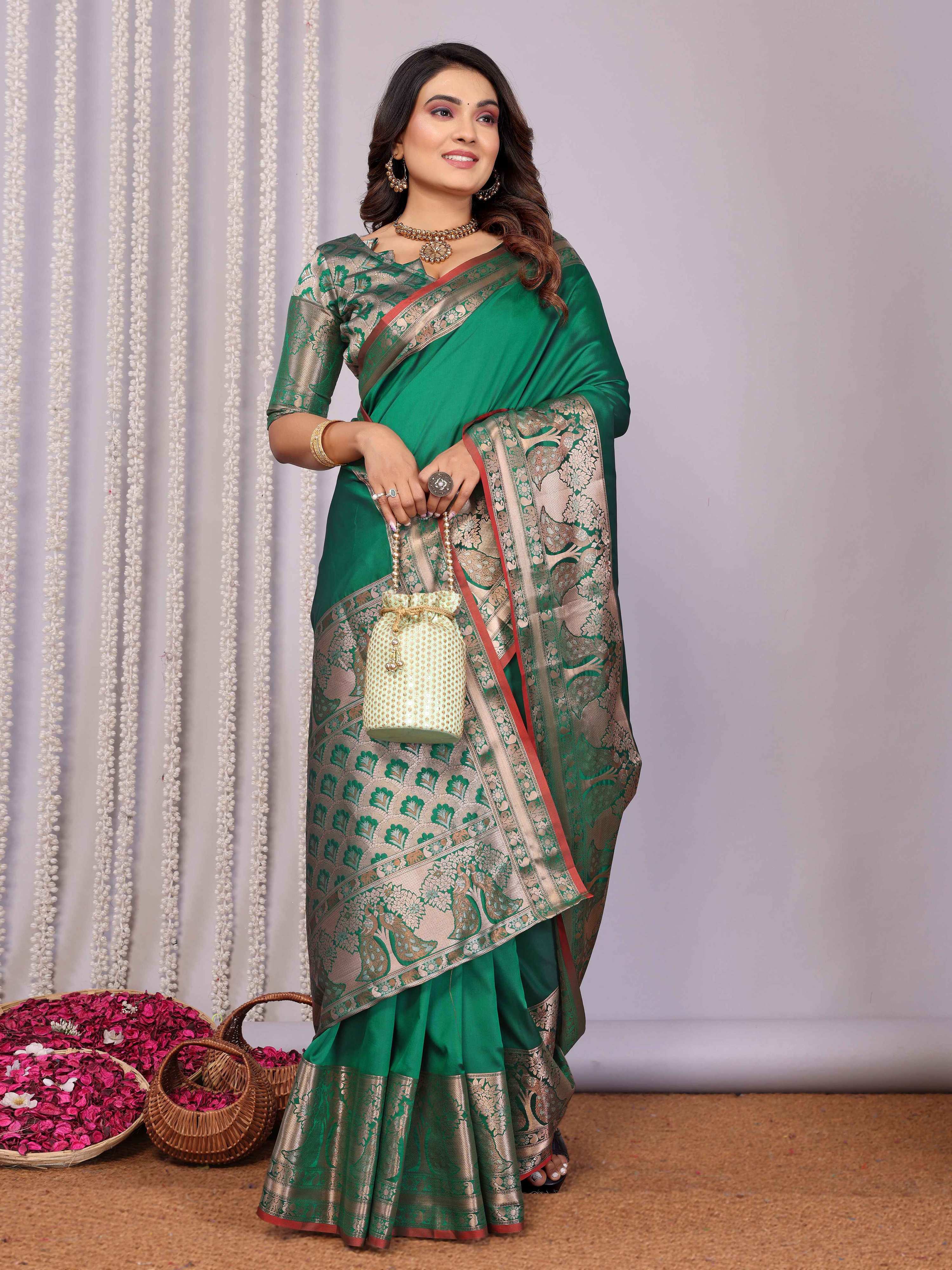 Elora Green Soft Silk Plain Banarasi With Peacock Zari Jacquard Weaving Border Saree | Grocsy