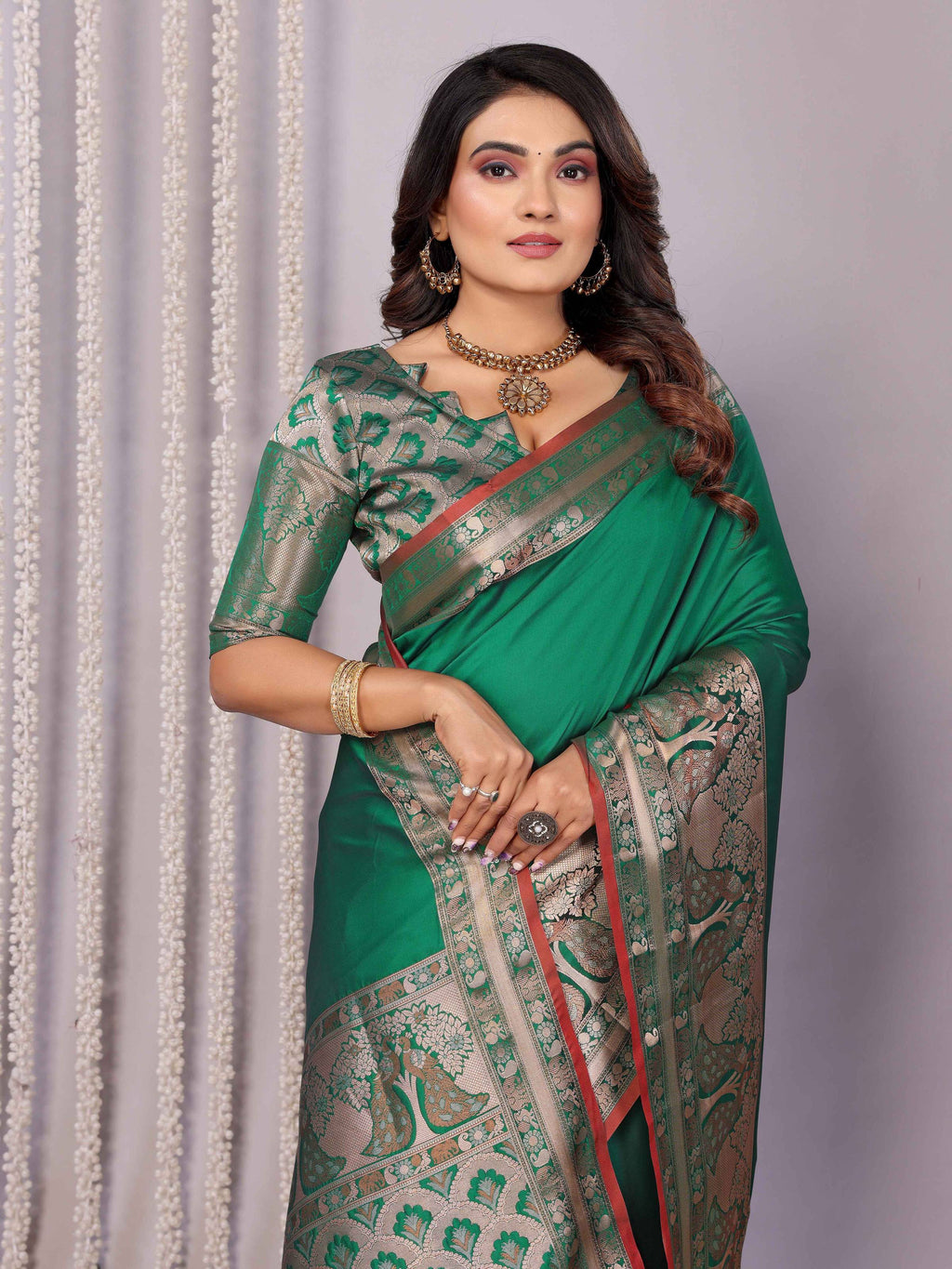 Elora Green Soft Silk Plain Banarasi With Peacock Zari Jacquard Weaving Border Saree | Grocsy