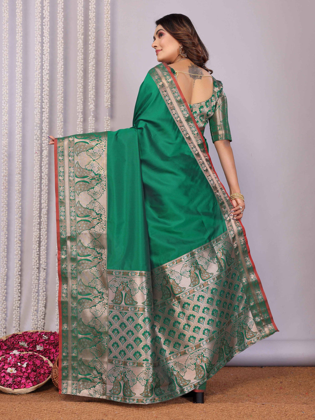 Elora Green Soft Silk Plain Banarasi With Peacock Zari Jacquard Weaving Border Saree | Grocsy