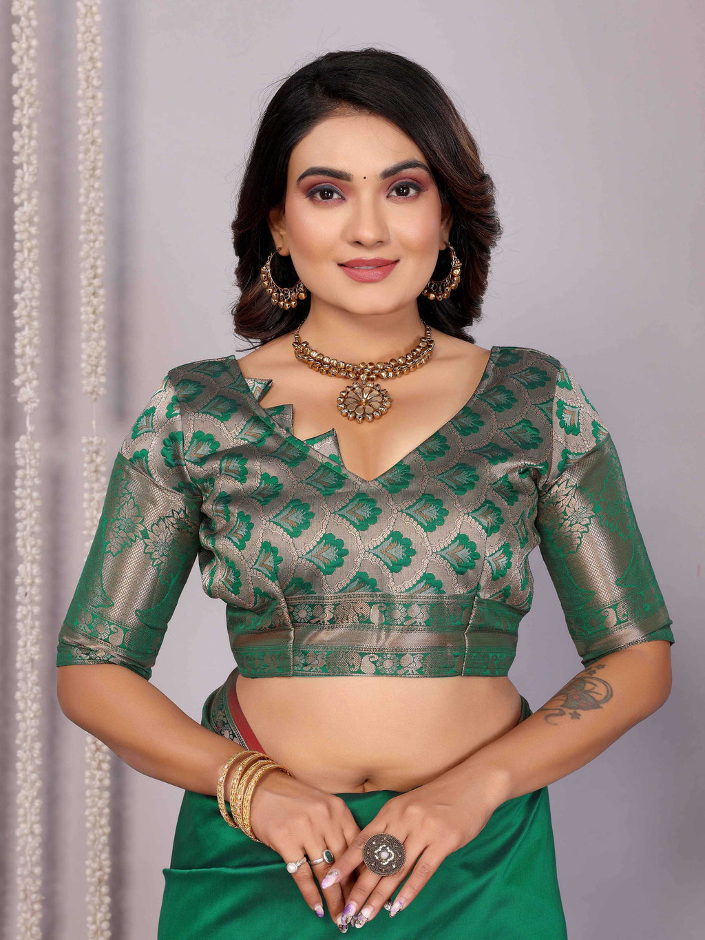 Elora Green Soft Silk Plain Banarasi With Peacock Zari Jacquard Weaving Border Saree | Grocsy