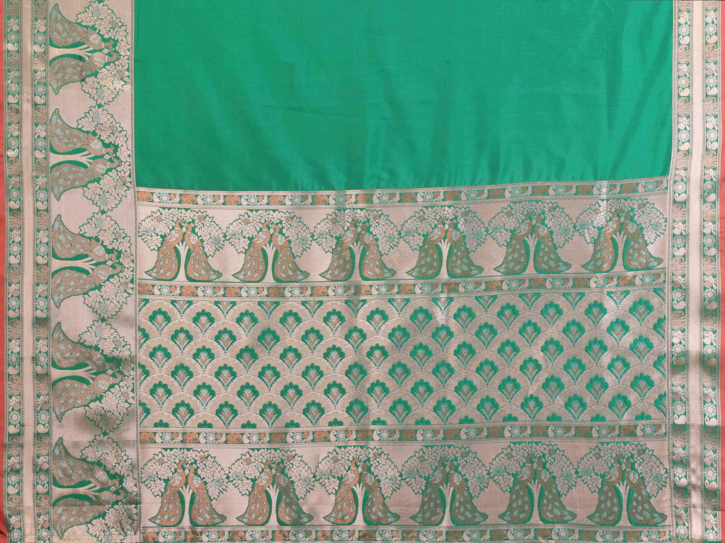 Elora Green Soft Silk Plain Banarasi With Peacock Zari Jacquard Weaving Border Saree | Grocsy