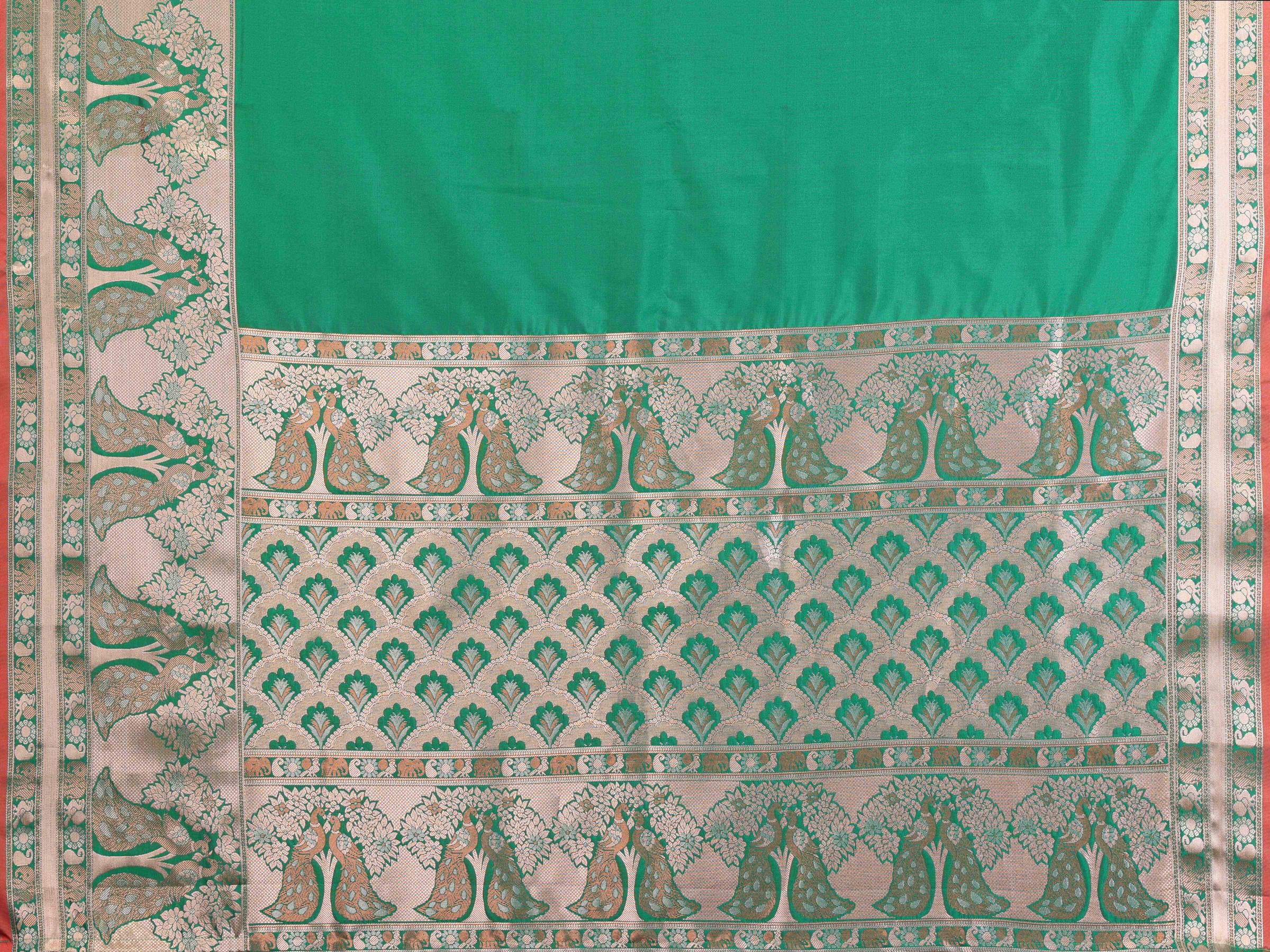 Elora Green Soft Silk Plain Banarasi With Peacock Zari Jacquard Weaving Border Saree | Grocsy