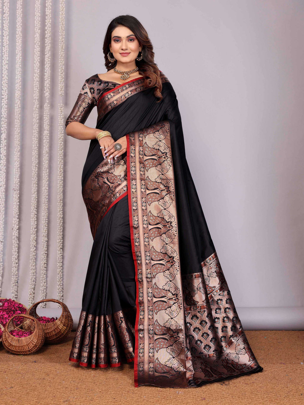 Elora Black Soft Silk Plain Banarasi With Peacock Zari Jacquard Weaving Border Saree | Grocsy