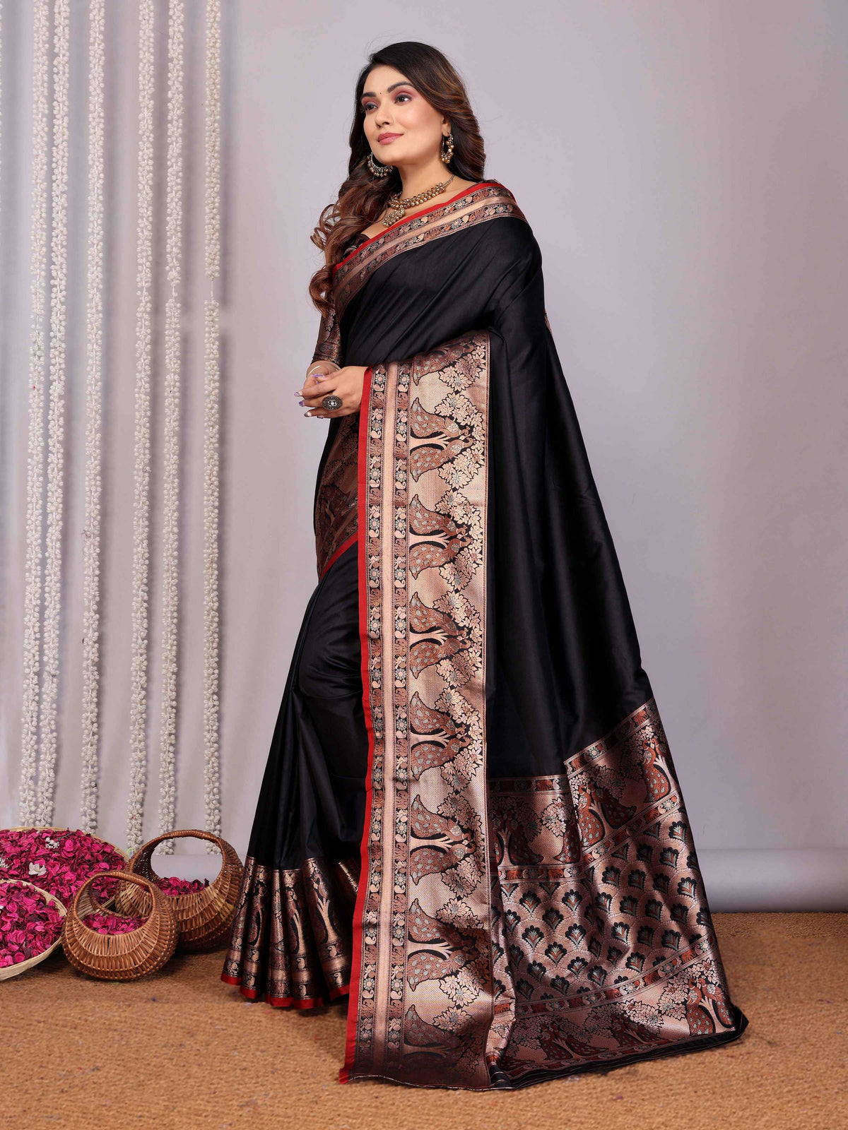 Elora Black Soft Silk Plain Banarasi With Peacock Zari Jacquard Weaving Border Saree | Grocsy