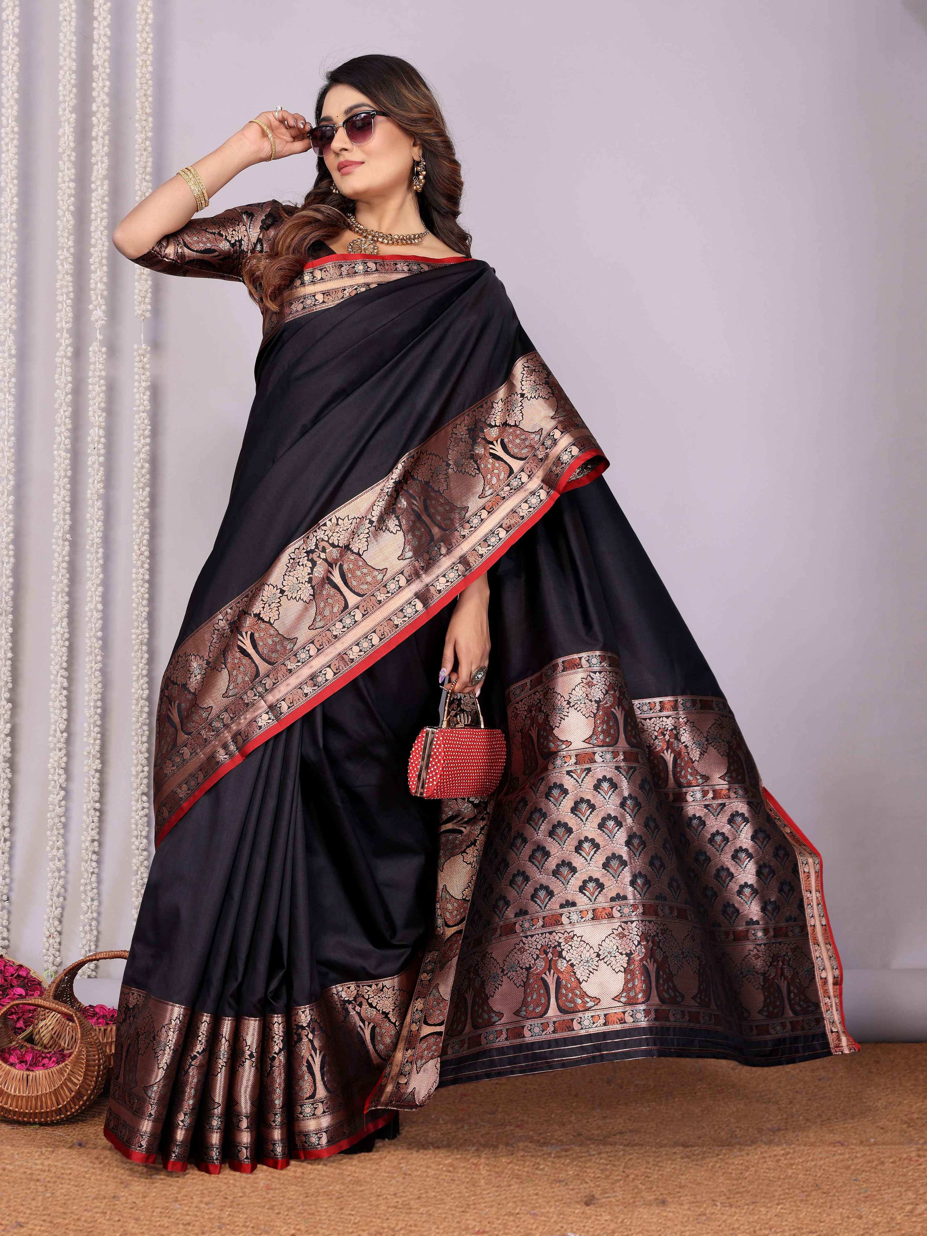 Elora Black Soft Silk Plain Banarasi With Peacock Zari Jacquard Weaving Border Saree | Grocsy
