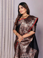 Elora Black Soft Silk Plain Banarasi With Peacock Zari Jacquard Weaving Border Saree | Grocsy