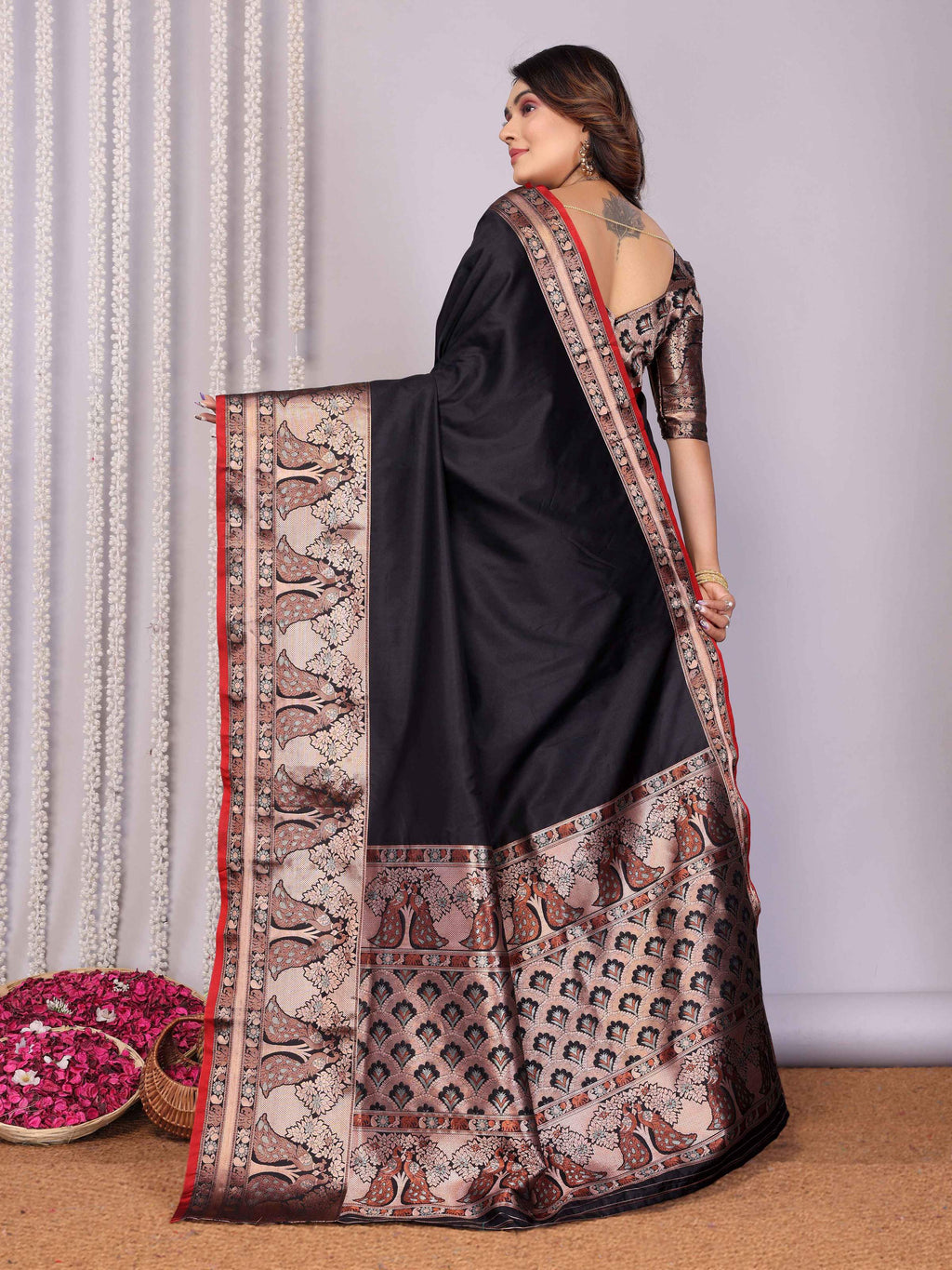 Elora Black Soft Silk Plain Banarasi With Peacock Zari Jacquard Weaving Border Saree | Grocsy