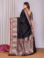 Elora Black Soft Silk Plain Banarasi With Peacock Zari Jacquard Weaving Border Saree | Grocsy