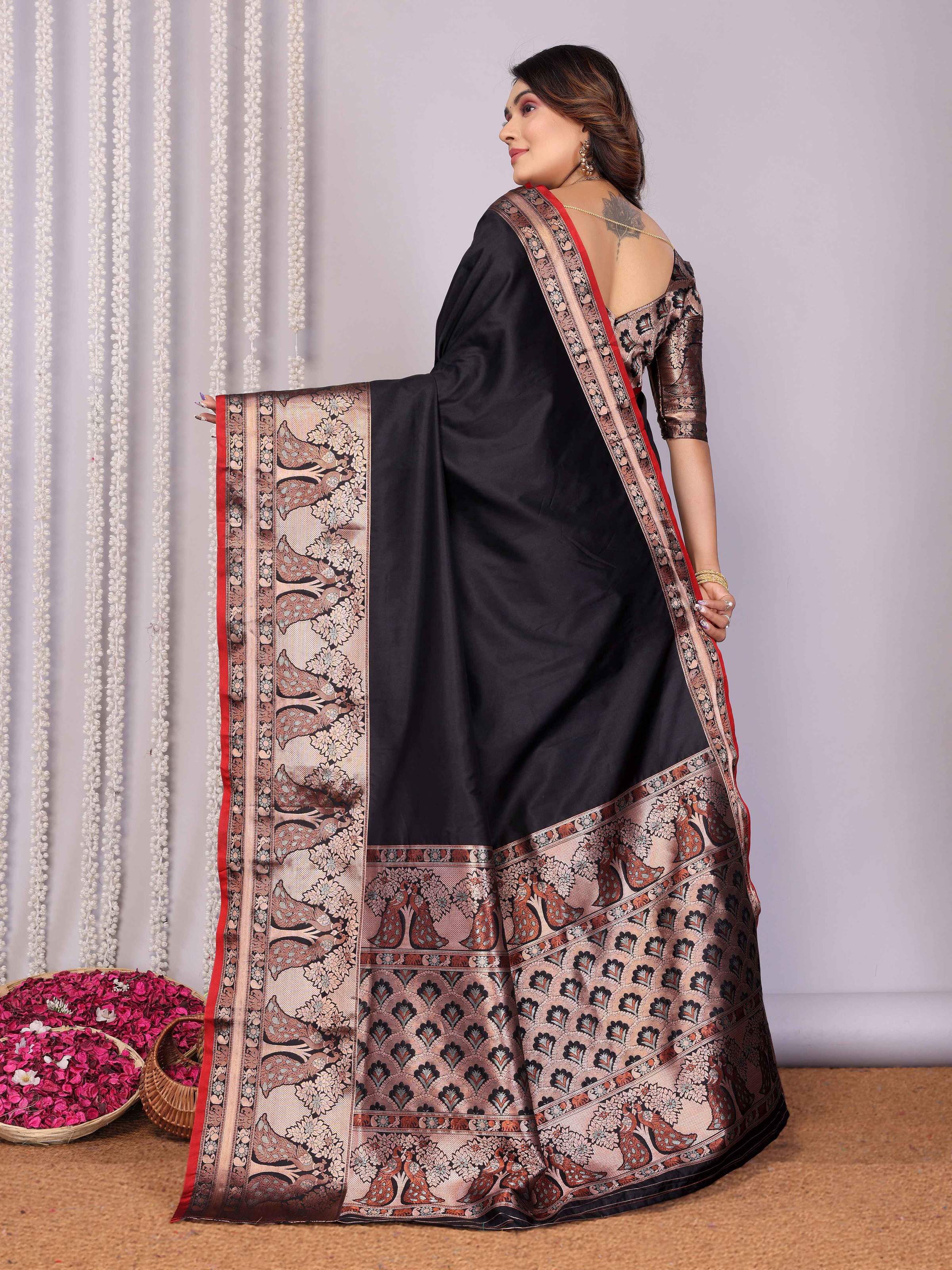 Elora Black Soft Silk Plain Banarasi With Peacock Zari Jacquard Weaving Border Saree | Grocsy