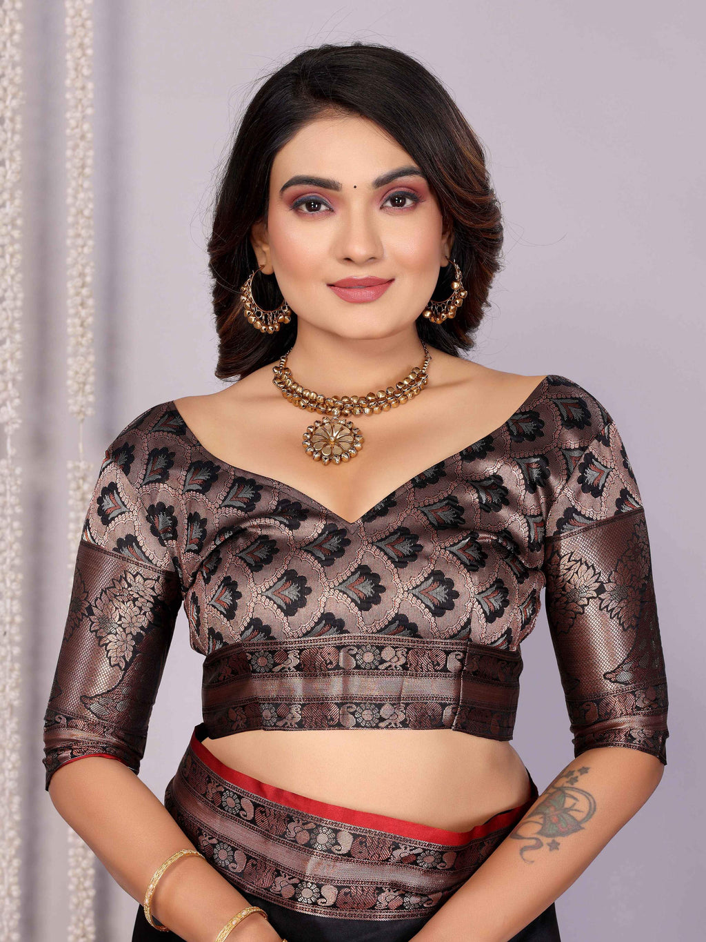 Elora Black Soft Silk Plain Banarasi With Peacock Zari Jacquard Weaving Border Saree | Grocsy