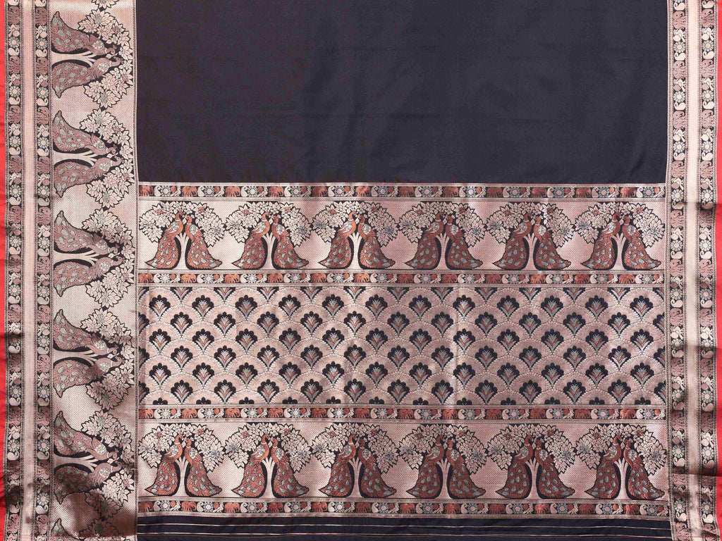 Elora Black Soft Silk Plain Banarasi With Peacock Zari Jacquard Weaving Border Saree | Grocsy