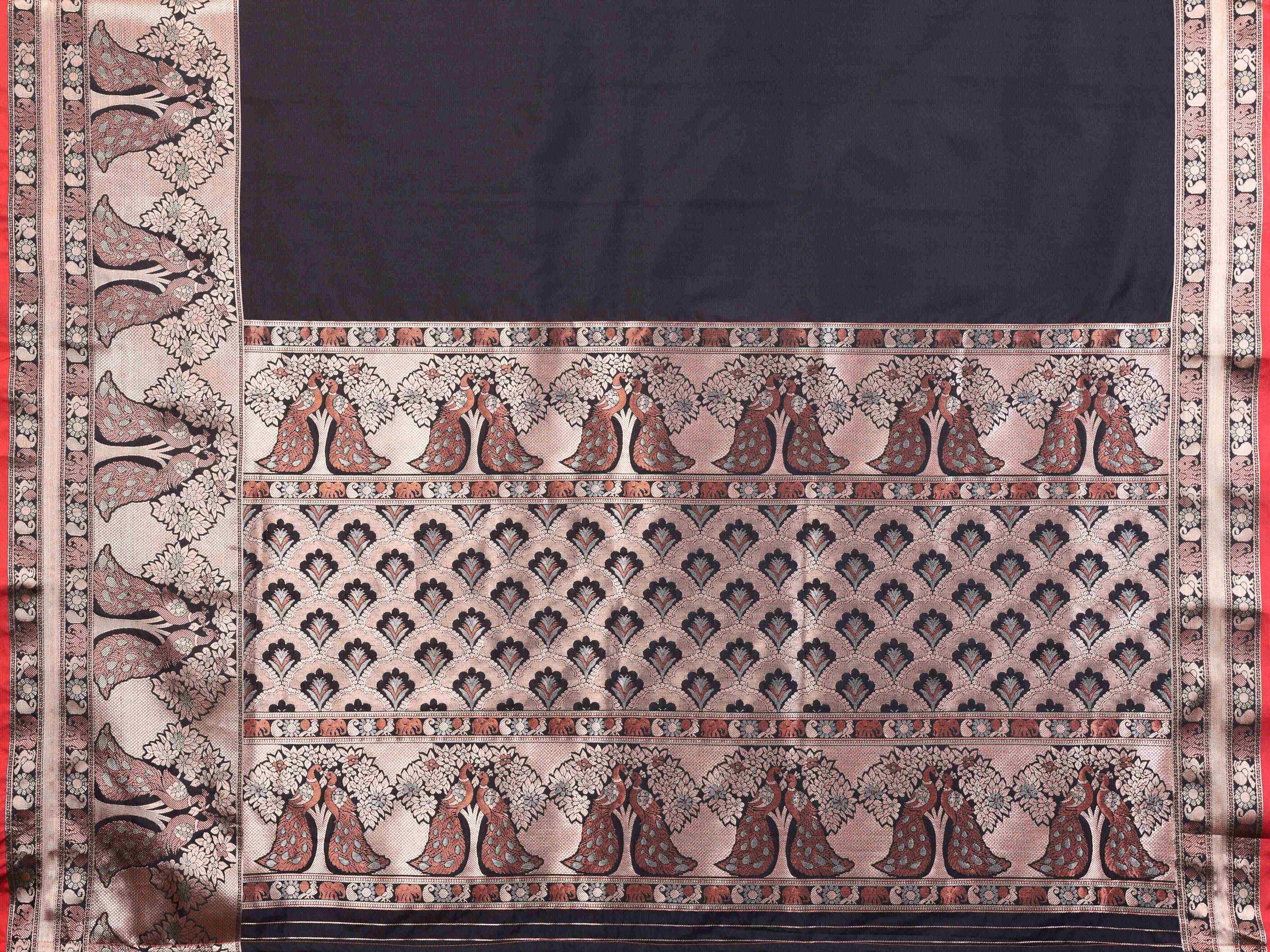 Elora Black Soft Silk Plain Banarasi With Peacock Zari Jacquard Weaving Border Saree | Grocsy