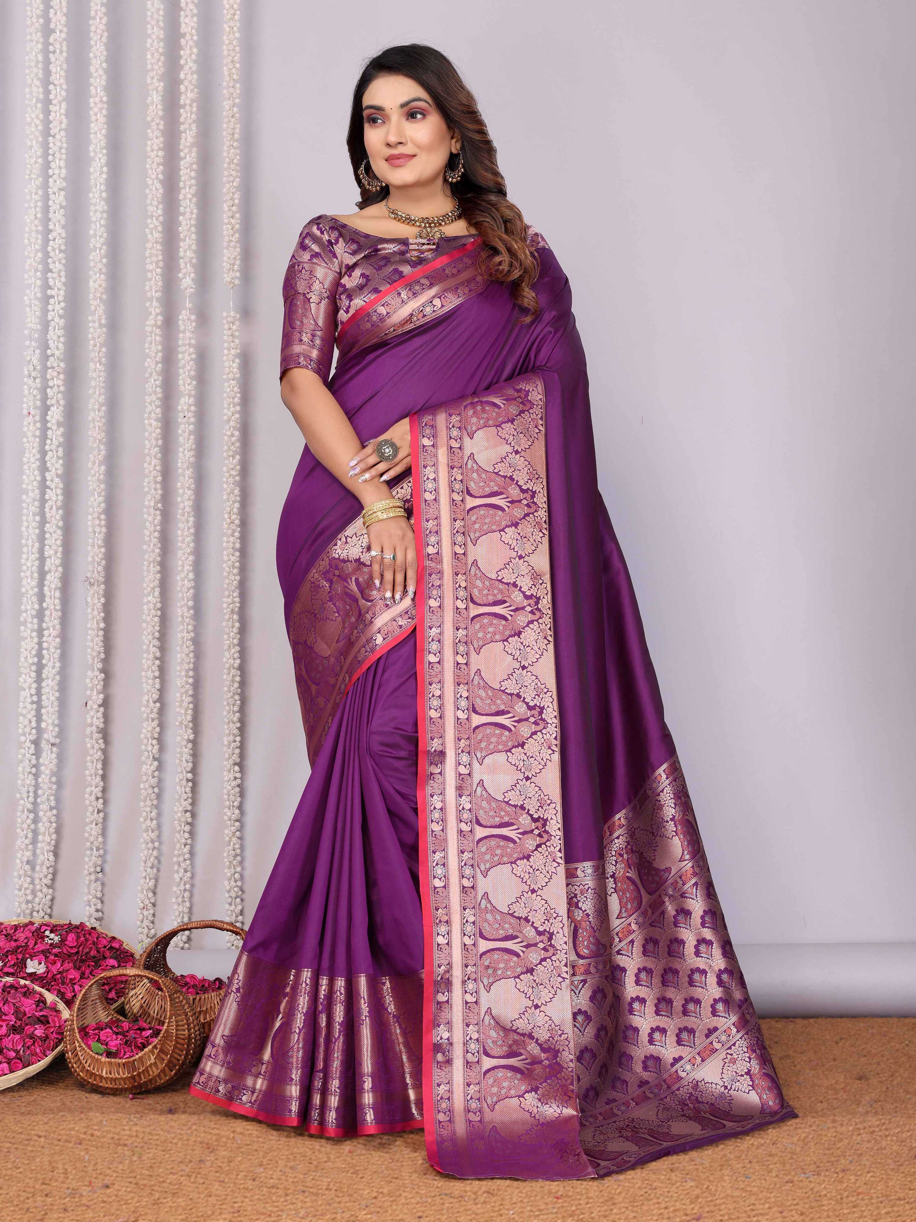 Elora Magenta Soft Silk Plain Banarasi With Peacock Zari Jacquard Weaving Border Saree | Grocsy