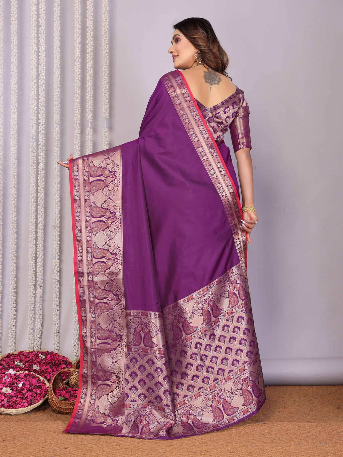 Elora Magenta Soft Silk Plain Banarasi With Peacock Zari Jacquard Weaving Border Saree | Grocsy