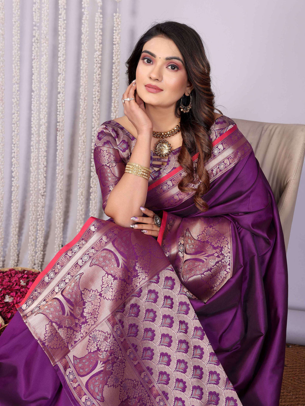 Elora Magenta Soft Silk Plain Banarasi With Peacock Zari Jacquard Weaving Border Saree | Grocsy